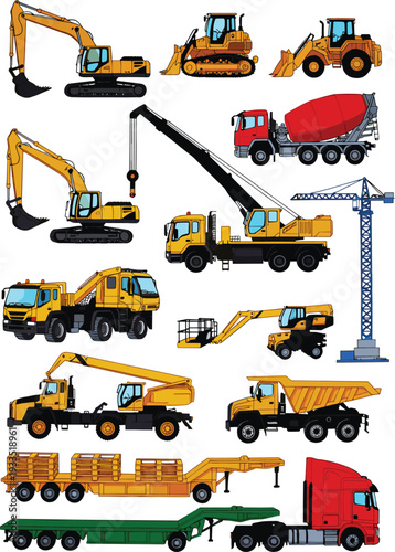 Industrial Construction Site Illustration with Excavator Loading Dump Truck and Tower Crane Operating Near Factory Skyline Background