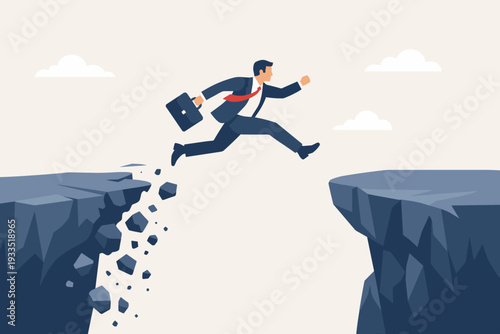 Businessman in a suit with a briefcase jumping from a crumbling mountain rock to another safer rock, representing risk, overcoming obstacles, and reaching success in a challenging environment.