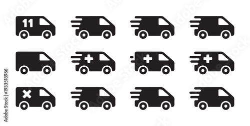 Set of black delivery vans for different purposes like transport shipping medical and more
