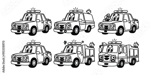Funny cartoon police car ambulance and fire truck with smiling faces and sirens