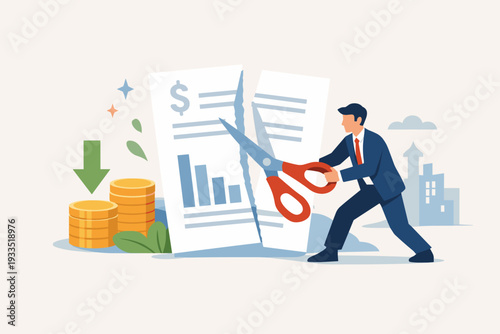 Businessman using large scissors to cut a tax bill or financial document in half for cost reduction concept, featuring gold coins and a down arrow for tax cut and budget savings illustration.