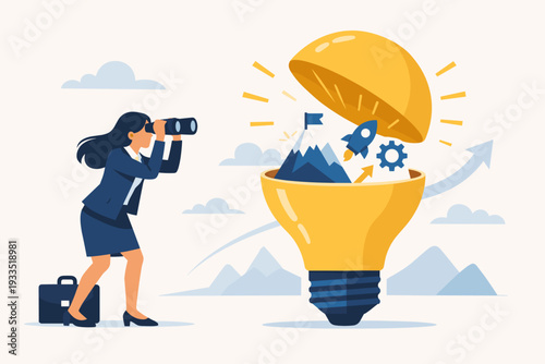 Businesswoman looking through binoculars at an open light bulb containing a rocket, mountain peaks, and gears. Concept of creative vision, innovation, discovery, and finding new opportunities.