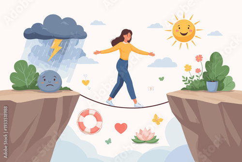 Woman walking on a tightrope between a storm and sunshine, representing emotional balance and mental health. Metaphor for overcoming depression and finding happiness, harmony and inner peace.