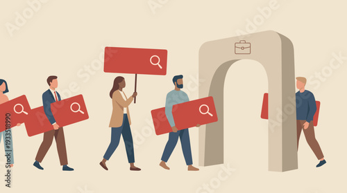 Diverse Group of Job Seekers Carrying Red Search Bar Signs Walking Towards a Career Gateway with a Briefcase Icon, Representing Unemployment, Recruitment, Hiring, and Professional Opportunities.