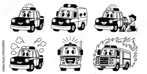 Funny cartoon police car ambulance and fire truck with smiling faces and sirens