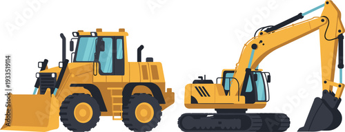 Yellow Wheel Loader and Crawler Excavator Heavy Construction Equipment Isolated on White Background Illustration