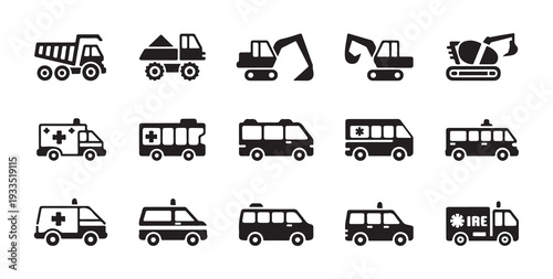 Collection of construction and emergency vehicles icons on white background