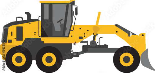 Yellow Motor Grader Construction Vehicle for Road Building and Earthmoving Operations Isolated on White Background