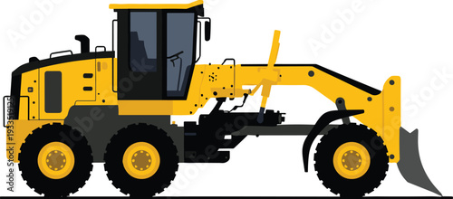 Yellow Motor Grader Heavy Construction Equipment for Road Building and Earthmoving Isolated on White Background