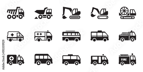 Variety of construction and emergency vehicle icons in black and white