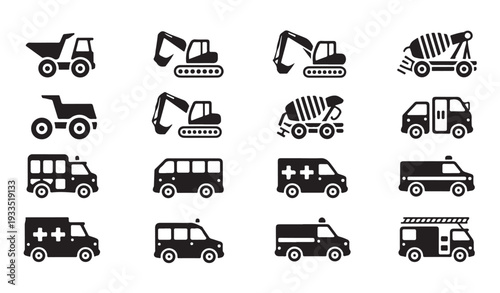 Compilation of construction and emergency vehicle icons for design