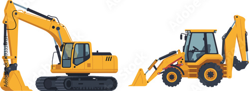 Yellow Excavator and Backhoe Loader Heavy Construction Equipment Vehicles Isolated on White Background Illustration