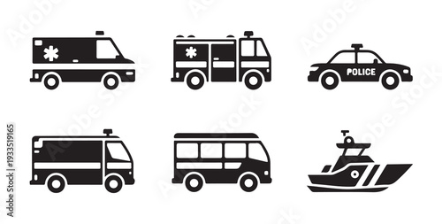 Emergency services vehicle icons set including police car ambulance fire truck and rescue boat