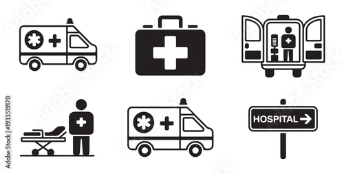 Medical assistance and hospital equipment icons featuring ambulance paramedic and road signs
