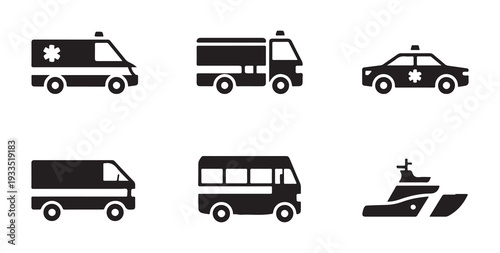 Minimalist emergency transport icons with ambulance police car and utility vehicles in black