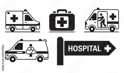 Medical emergency ambulance symbol and hospital sign set, first aid kit icon concept