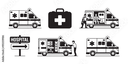 Emergency medical service icons depicting ambulance staff hospital sign and healthcare kit bag