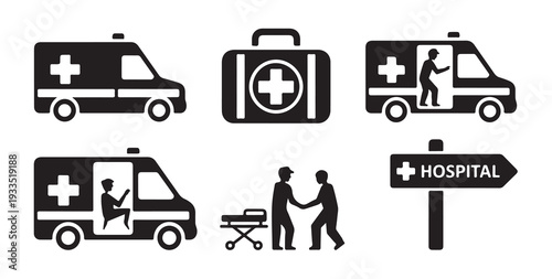 Hospital and first aid icons with ambulance vehicle paramedic team and medical equipment bag