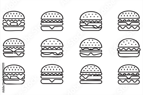 Burger Fast Food Line Icons for Restaurant and Takeaway Design