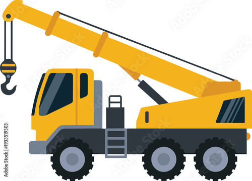 Yellow Mobile Crane Truck with Telescopic Boom and Hook Heavy Construction Machinery Vector Illustration Isolated on White Background