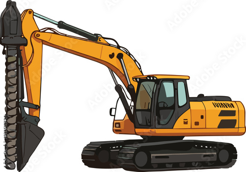 Yellow Crawler Excavator with Hydraulic Auger Drill Attachment Heavy Construction Machinery Vector Illustration Isolated on White Background