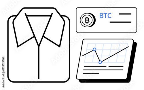 Shirt symbolizing formality, cryptocurrency transaction with Bitcoin label, and financial chart showcasing growth. Ideal for finance, e-commerce, digital currency, professionalism, investment