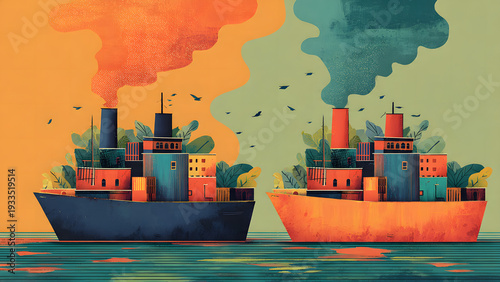 Stylized Flat Illustration of Two Dirty Ships Emitting Smoke in the Ocean, Industrial and Environmental Concept