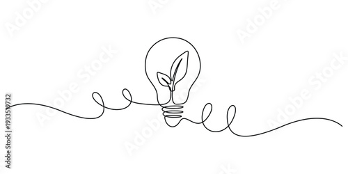 Continuous line drawing of a plant growing inside a light bulb, symbolizing eco-friendly energy and environmental sustainability