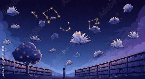 Person stands alone at dusk gazing at floating flowers and constellations in a serene dreamy night sky with a tree and fence