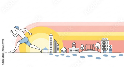 Man jogging through cityscape at sunset with urban skyline and buildings in background