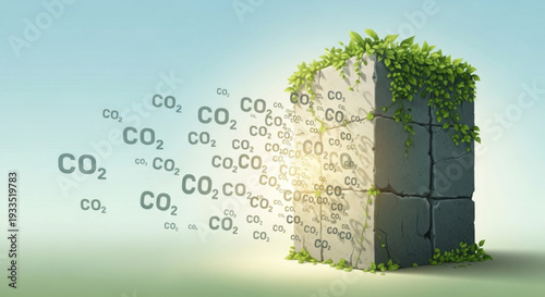Carbon dioxide absorbed by green plant on concrete block with co2 molecules