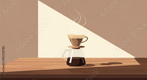 Pour over coffee maker on wooden table with steaming hot coffee