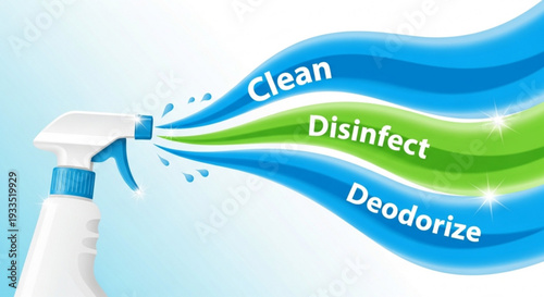 Cleaning spray bottle with clean disinfect deodorize text on wavy blue and green stream