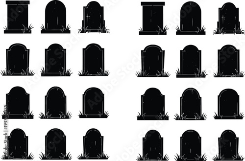 Gravestone silhouette set illustration showing different tombstone shapes and cemetery headstones isolated on white background memorial funeral graveyard vector collection design