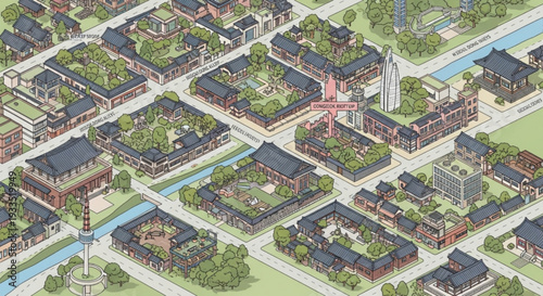 Aerial view of a sustainable urban neighborhood with green spaces and modern buildings