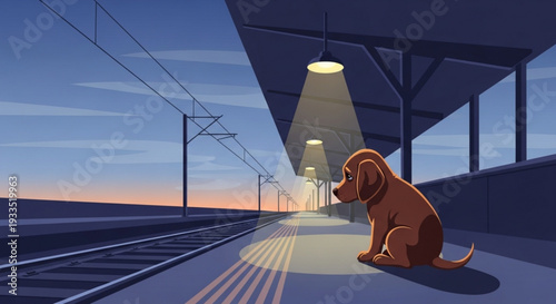 Lonely dog sits on train platform at dusk waiting for owner with sunset background and railway tracks