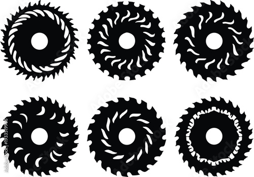 Circular saw blade silhouettes set isolated on white background for woodworking, metal cutting, industrial tools, construction concepts, safety graphics, icons, and design projects