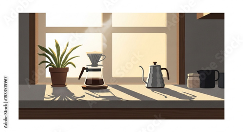 Coffee maker and kettle on kitchen counter with plant by sunny window at morning