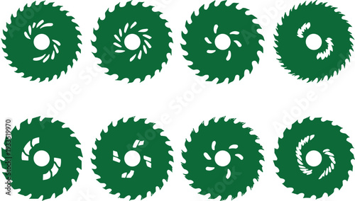 Green circular saw blade silhouettes collection isolated on white background for woodworking, metal cutting, industrial tools, construction concepts, safety design, icons, and graphic projects
