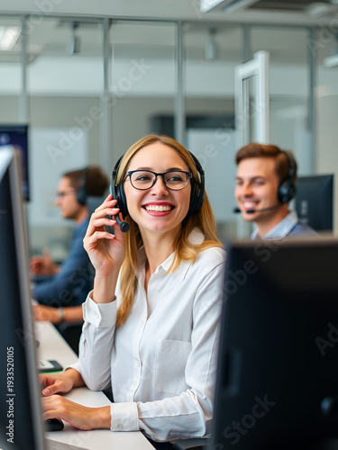 Call center, consulting and laughing with woman in office for contact us, communication and customer service. Salesman, help desk and technical support with person in crm agency for telemarketing