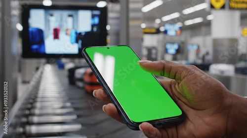 Close-up of a person holding a smartphone with a green screen at an airport baggage claim area.
