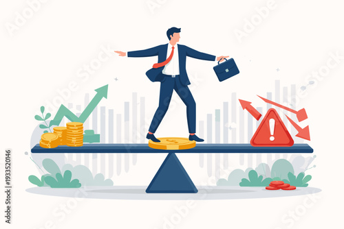 Professional businessman balancing on a seesaw between gold coins and warning signs, illustrating risk management, financial stability, investment strategy, and market volatility control.