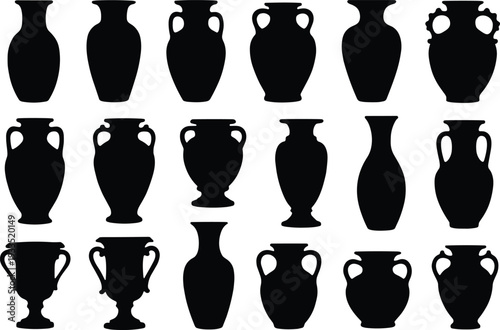 Ancient ceramic vase silhouette collection featuring amphora urn and pottery shapes isolated on white background for interior decor design history illustration and art projects