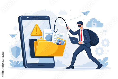 Cyber Hacker Stealing Personal Data and Private Information from Smartphone with Fishing Hook, Phishing Attack, Mobile Security Breach, Data Theft, Cybercrime Concept Flat Vector Illustration