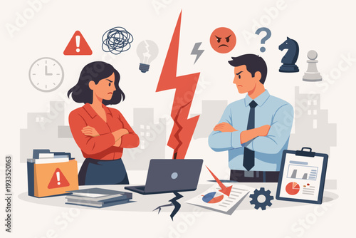 Professional Workplace Conflict Concept Vector Illustration Showing Angry Man and Woman Colleagues Having a Disagreement with Lightning Bolt, Broken Lightbulb, and Stress Symbols in Office.