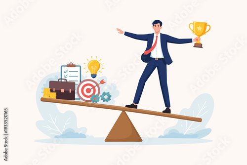 Successful Businessman Balancing on a Seesaw with Business Icons and a Gold Trophy, Concept of Strategic Management, Control, Leadership, and Achievement in Corporate Environment Illustration.
