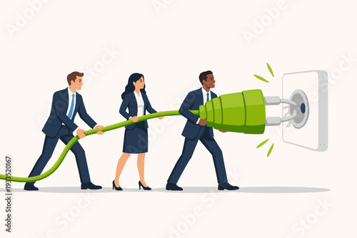 Diverse Business Team Collaborating to Connect Large Green Electric Plug into Wall Socket for Sustainable Energy Solutions, Corporate Environmental Responsibility and Renewable Power Connectivity.