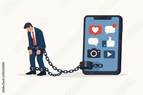 Businessman in a Suit Chained and Shackled to a Large Smartphone Representing Social Media Addiction, Digital Slavery Metaphor, Mental Health Issues, and Technology Obsession Flat Vector Design