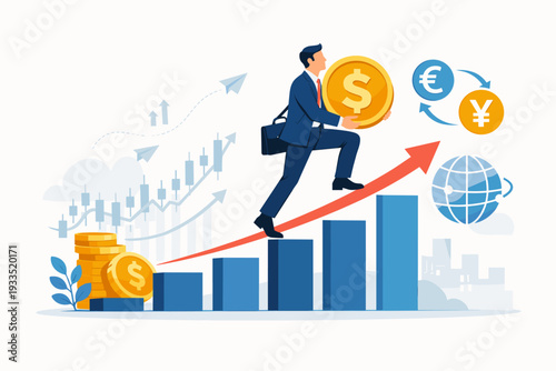 Businessman in a suit climbing a rising bar chart while carrying a large gold dollar coin, representing financial growth, market success, currency exchange, and global investment strategies.