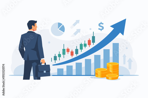 Businessman in a professional suit looking at a rising financial growth chart with a large blue upward arrow, bar graph, candlestick stock market data, and stacks of gold coins for success.